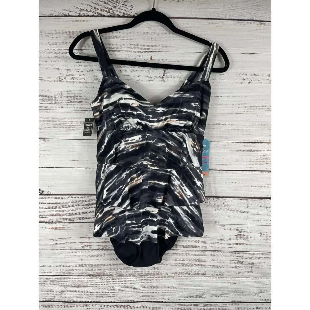 Swim Solutions 8 Triple Tier Coastal Plates Black Tiered Tummy Control One-Piece - Picture 2 of 10